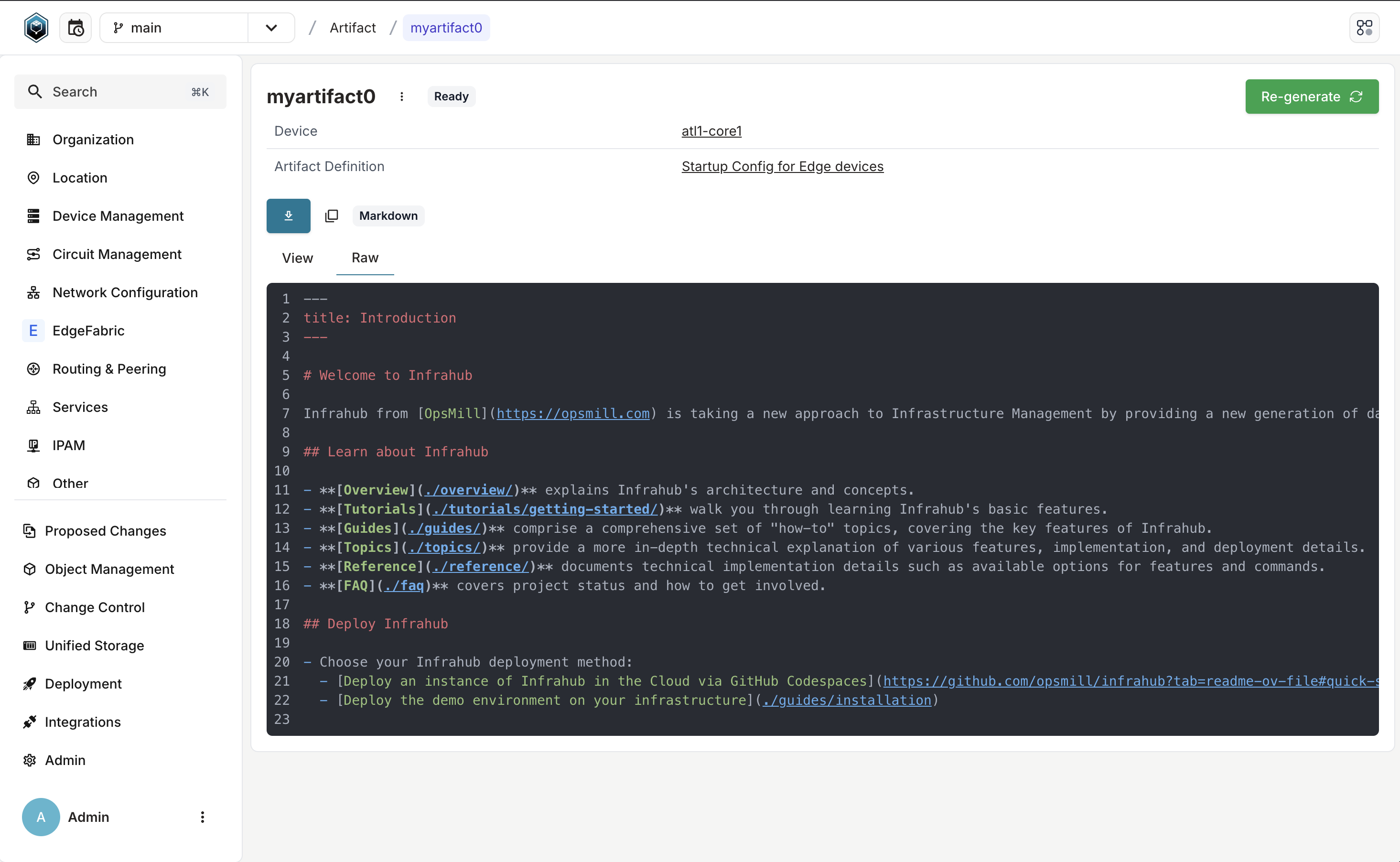 "Example screenshot of Infrahub 1.1.6 showing an Artifact of Markdown type with syntax highlighting."