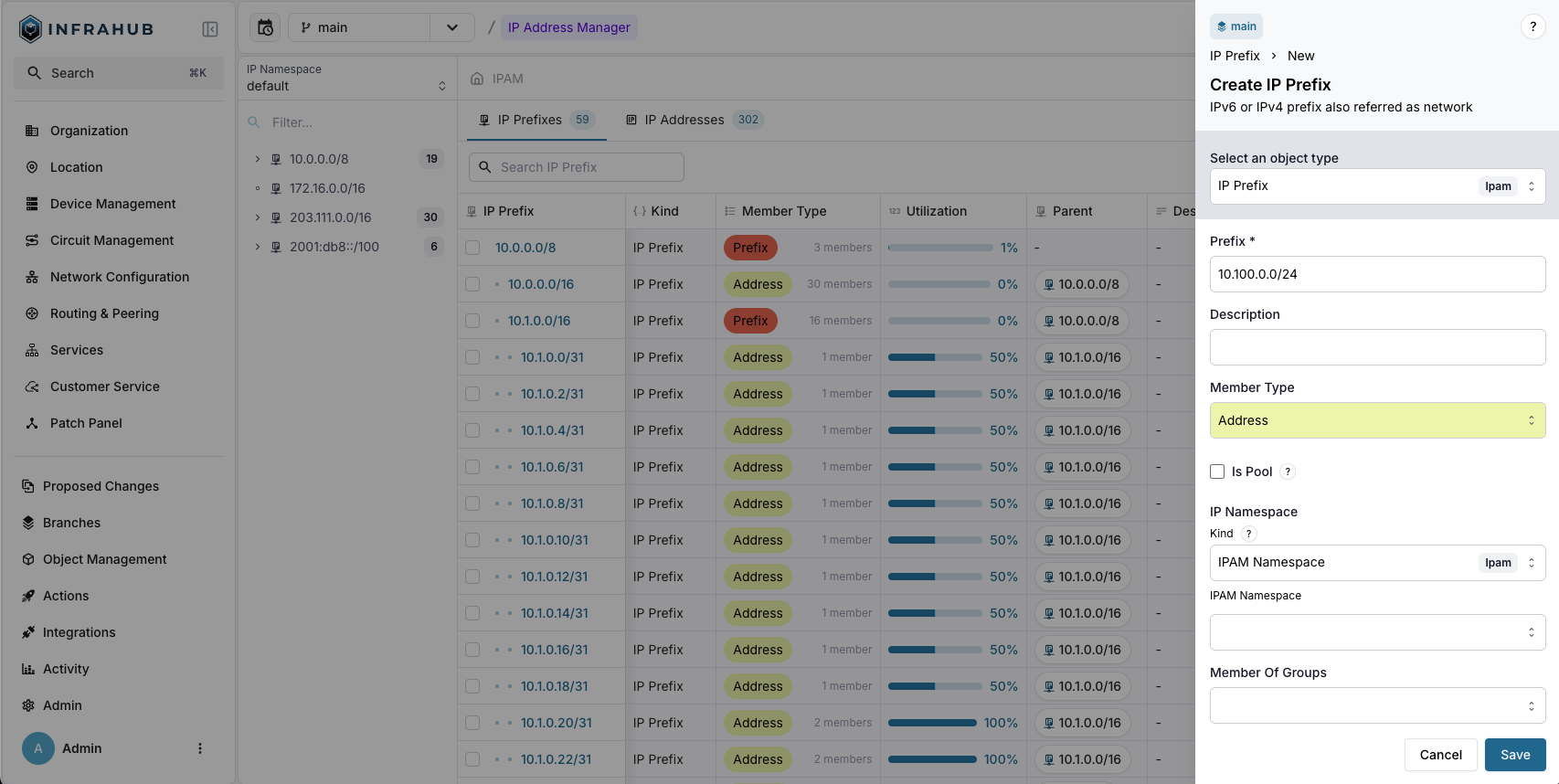 Creating prefix 10.100.0 via the Web Interface